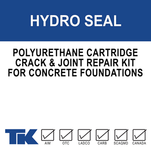hydro-seal A flexible, hydrophobic, polyurethane, two-component cartridge system used to repair cracks, joints, and to prevent water leakage in concrete foundation walls