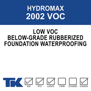 hydromax-2002-voc A non-breathable, single component, fluid applied foundation coating. This solvent-based, rubberized polymer formulation is used to dampproof and waterproof below-grade concrete surfaces