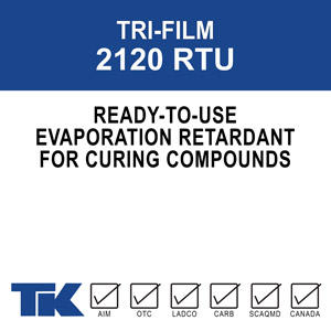 tri-film-2120-rtu A ready to use evaporation retardant for freshly placed concrete to prevent premature drying that can result in finishing problems such as stickiness, sponginess, unevenness, and cracking.