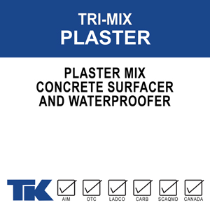 tri-mix-plaster A dry cementitious concrete surfacer designed to seal, waterproof and color/texturize concrete and masonry substrates. TK-TRI-MIX PLASTER MIX concrete surfacer is to be used with a liquid bonding agent for improved bonding, adhesion and cohesion between coats, and for added durability against chemical attack.