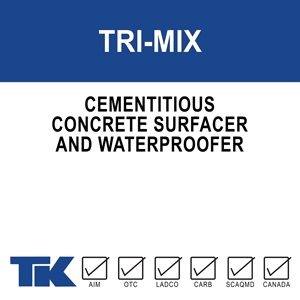 tri-mix A dry cementitious concrete surfacer designed to seal, waterproof and color/texturize concrete and masonry substrates. TK-TRI-MIX concrete surfacer is to be used with a liquid bonding agent for improved bonding, adhesion and cohesion between coats, and for added durability against chemical attack