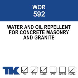 wor-592 A single component, ultra low viscosity, deep penetrating water and oil repellent for concrete. It offers invisible protection against staining and structural damage caused by contact with water, waterborne salts, deicing chemicals and oil.