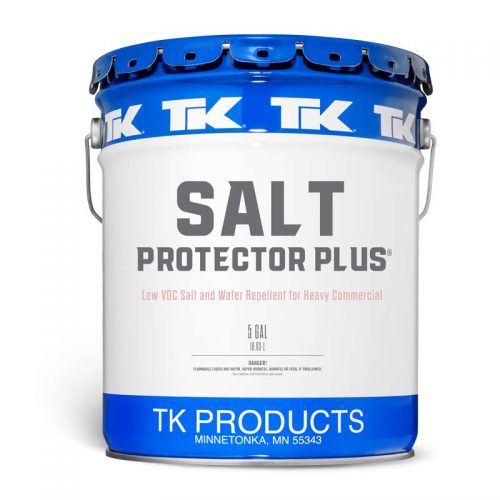 TK Products Salt Protector Plus Coating for Concrete. Salt Protector Plus is a water-based, low VOC coating that protects concrete and masonry surfaces from damage often associated with the use of salts or other de-icing agents. Vertical and horizontal surfaces can be protected with this coating and will not make the surface slippery, help to avoid costly or unrepairable damages.